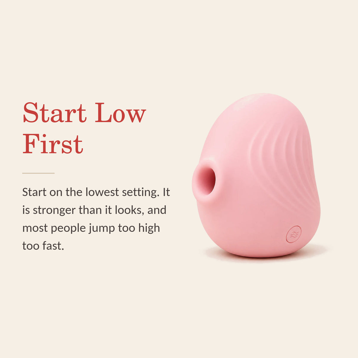 PetalPulse feature banner: Start Low First — start on the lowest setting; it is stronger than it looks and most people jump too high too fast
