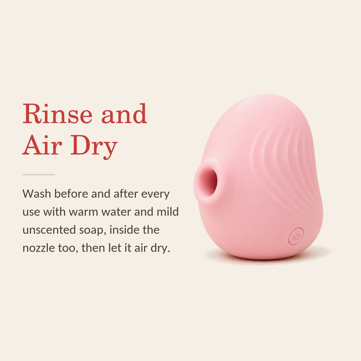 PetalPulse feature banner: Rinse and Air Dry — wash before and after every use, inside the nozzle too, then let it air dry