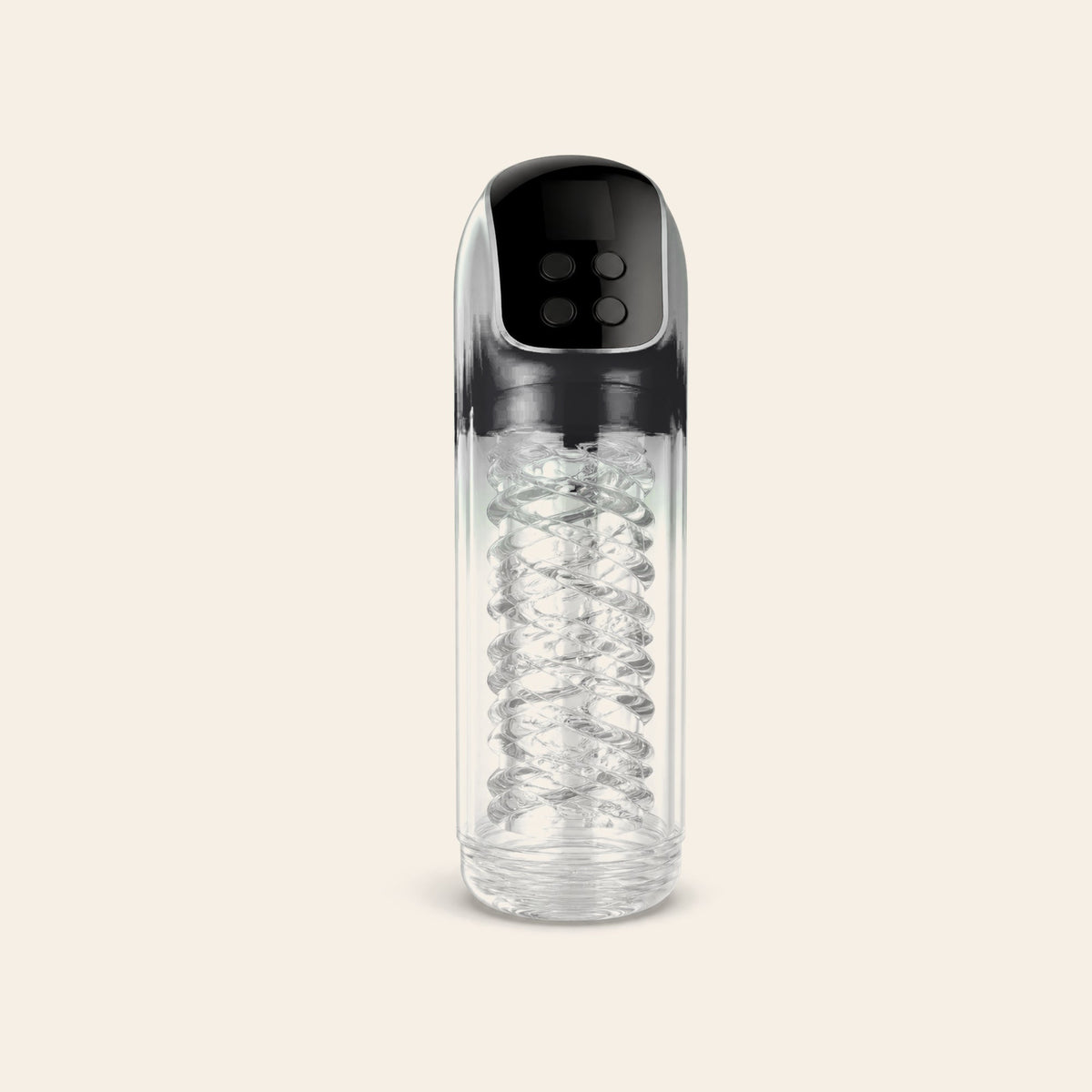 Automatic male masturbator with clear ribbed chamber, black shell and digital control panel on a soft beige background — Femme Bliss PulseForge X