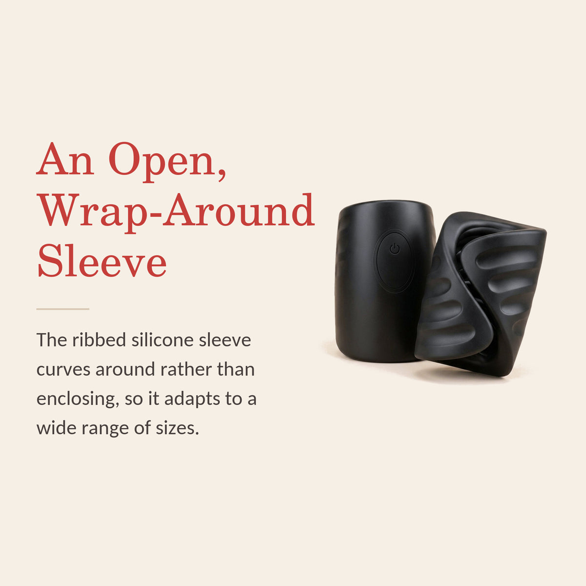 PulseGrip feature banner: An Open, Wrap-Around Sleeve — the ribbed silicone sleeve curves around rather than enclosing, so it adapts to a wide range of sizes