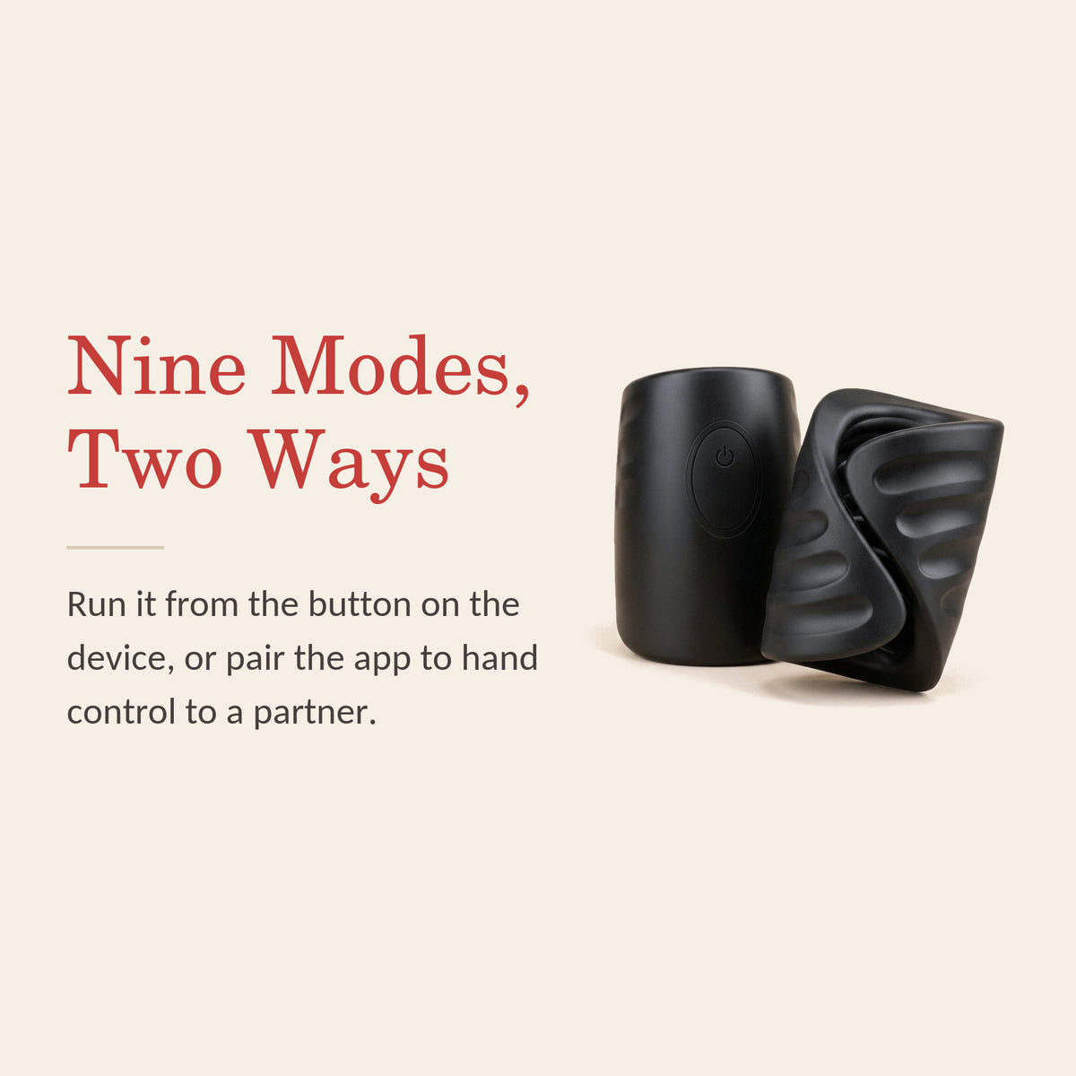 PulseGrip feature banner: Nine Modes, Two Ways — run it from the button on the device, or pair the app to hand control to a partner
