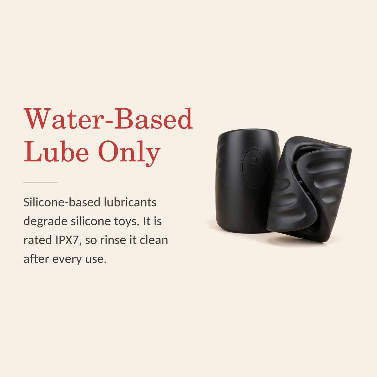 PulseGrip feature banner: Water-Based Lube Only — silicone-based lubricants degrade silicone toys; rated IPX7, rinse it clean after every use