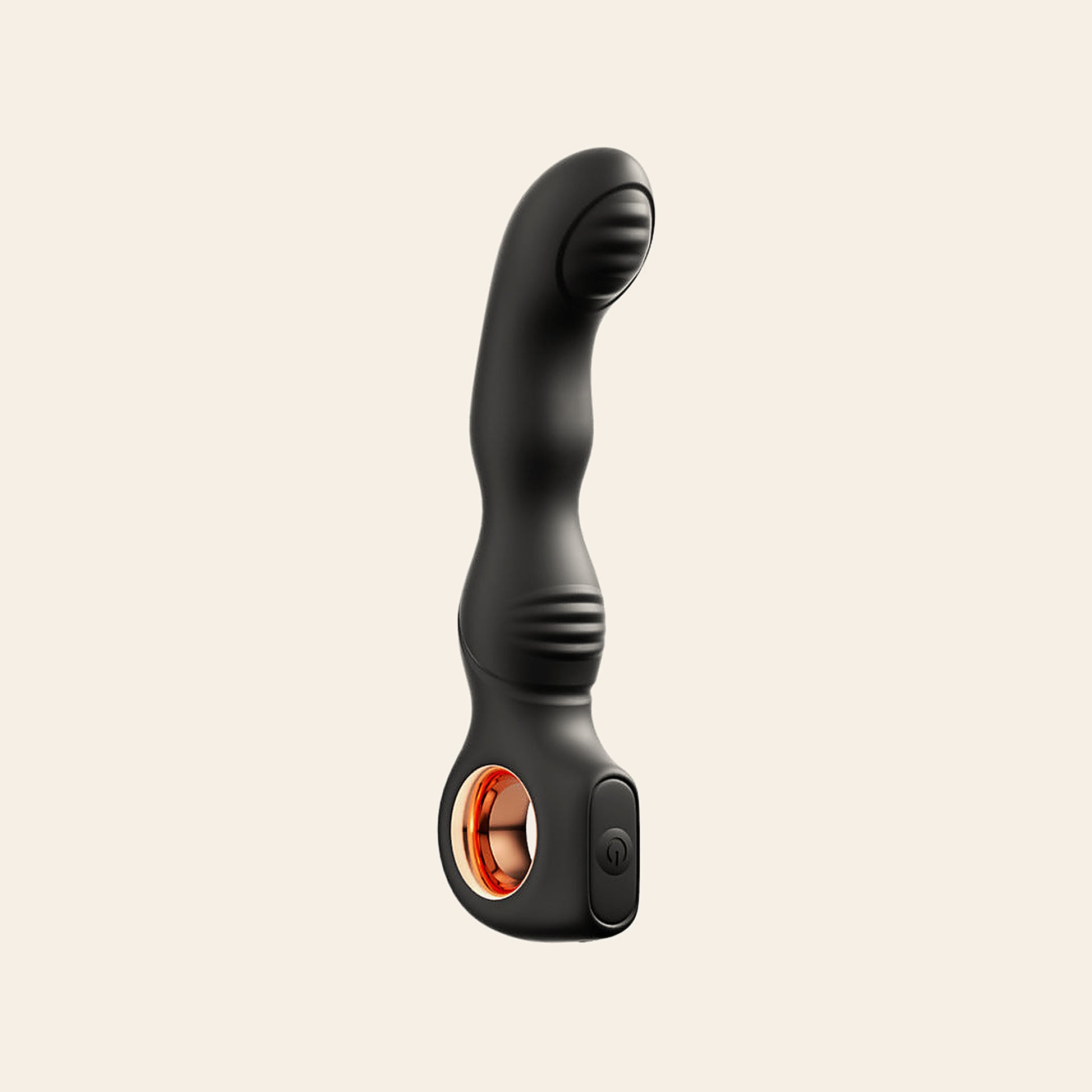 RingGrip prostate massager in black — curved silicone shaft with a ribbed head and a rose-gold ring handle, on a soft beige background