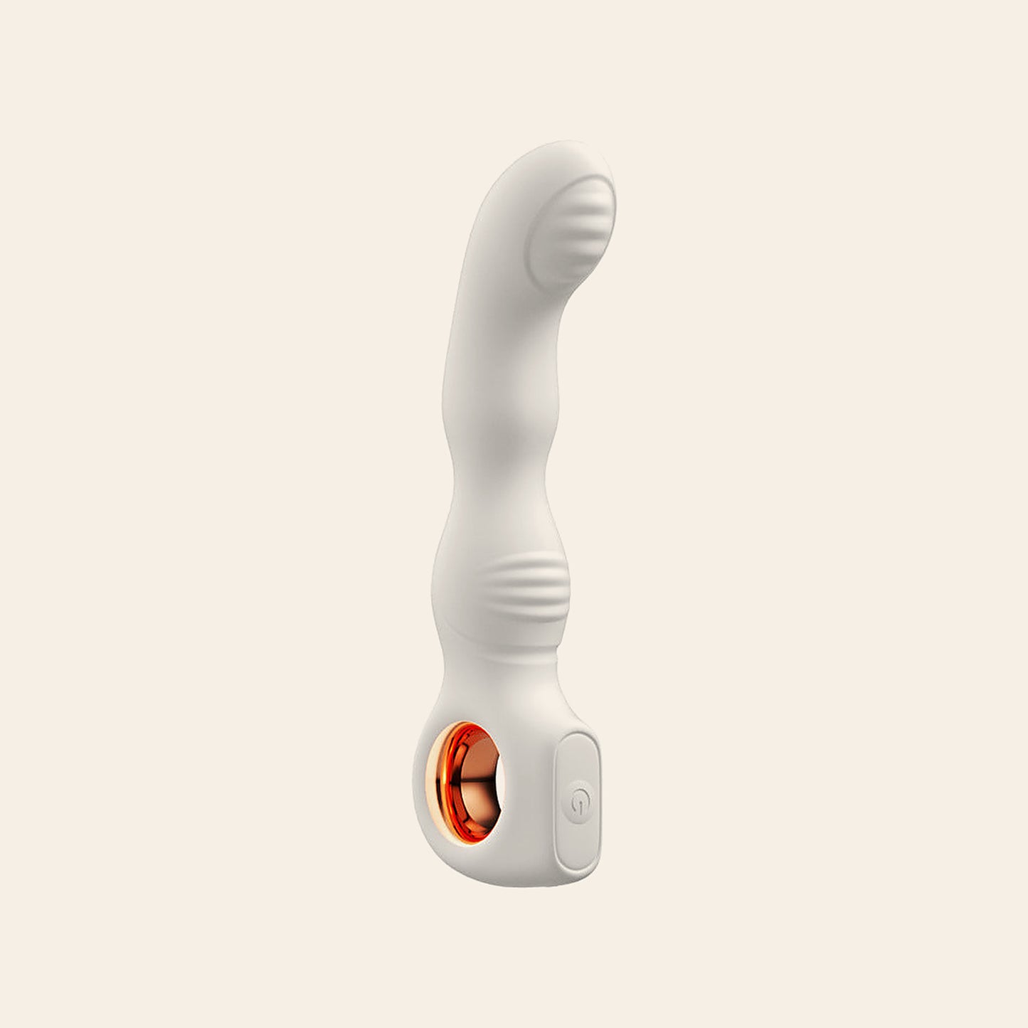 RingGrip prostate massager in white — curved silicone shaft with a ribbed head and a rose-gold ring handle, on a soft beige background
