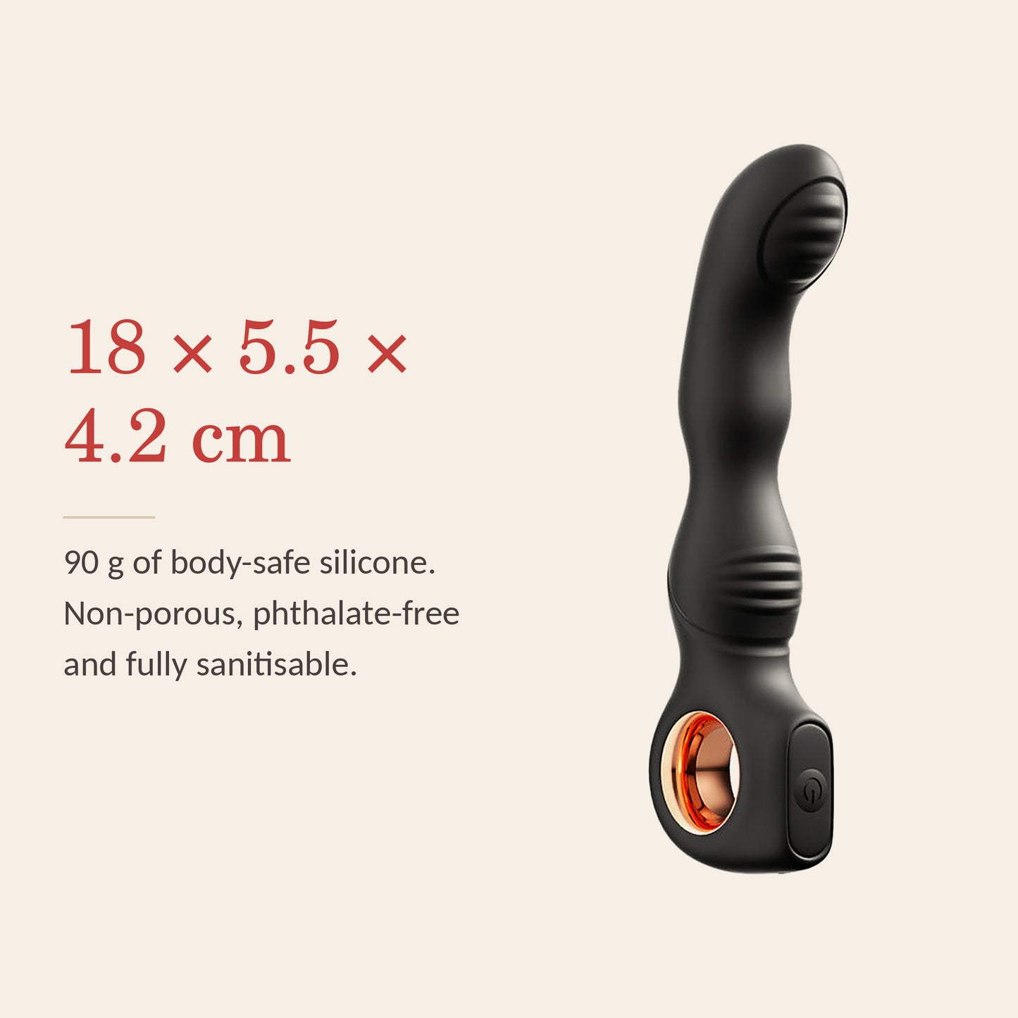 RingGrip feature banner: 18 by 5.5 by 4.2 cm, 90 g of body-safe silicone, non-porous and fully sanitisable