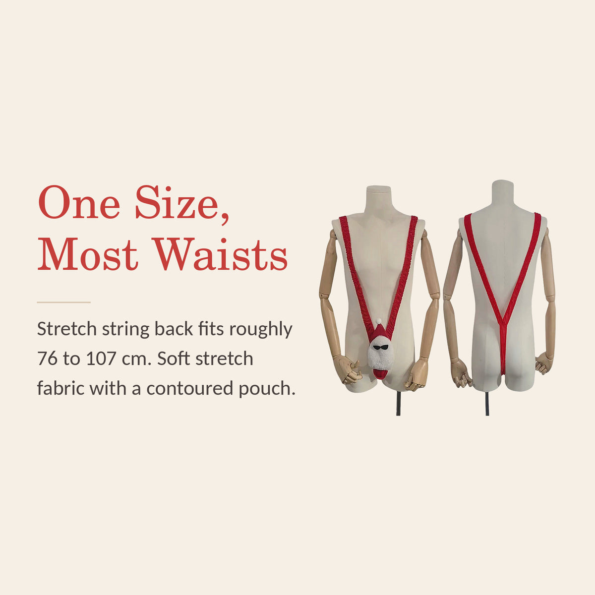 Men's Santa thong feature banner: one size fits most waists, roughly 76 to 107 cm, with a stretch string back
