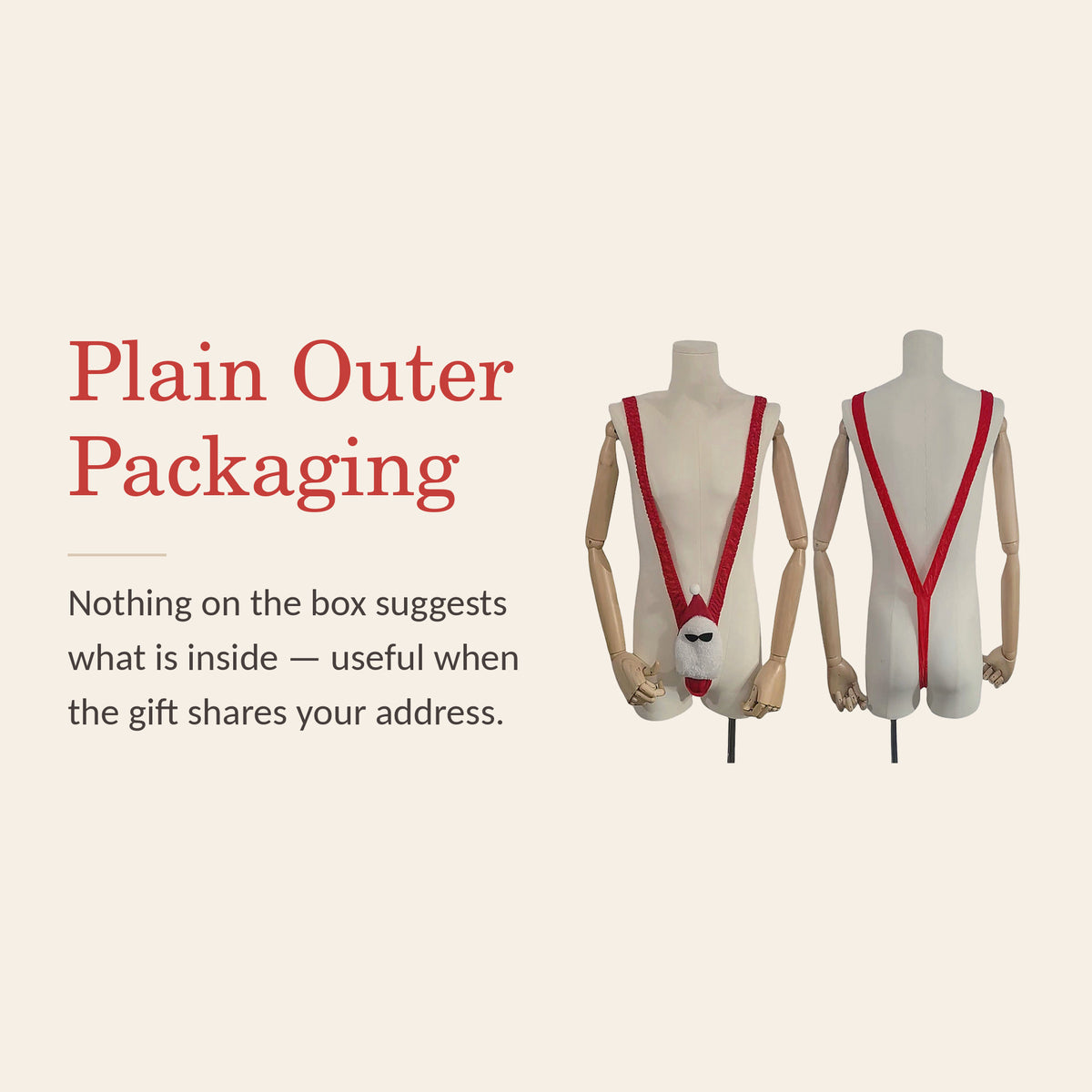 Men's Santa thong feature banner: plain unbranded outer packaging, useful when the gift shares your address
