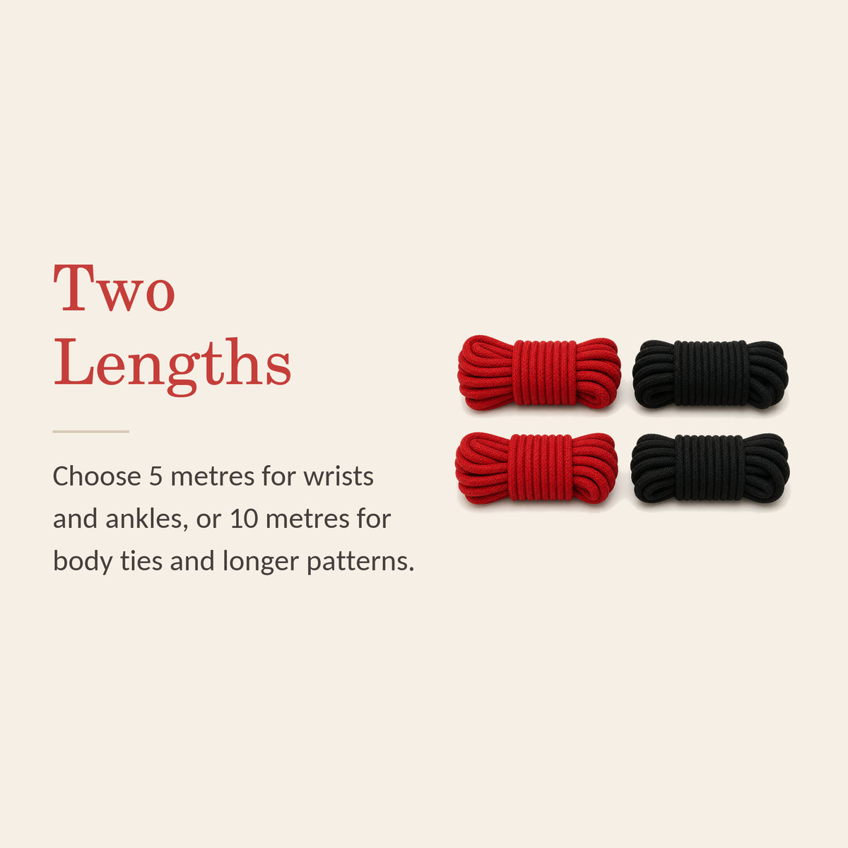 SilkBind feature banner: Two Lengths — 5 metres for wrists and ankles, or 10 metres for body ties and longer patterns