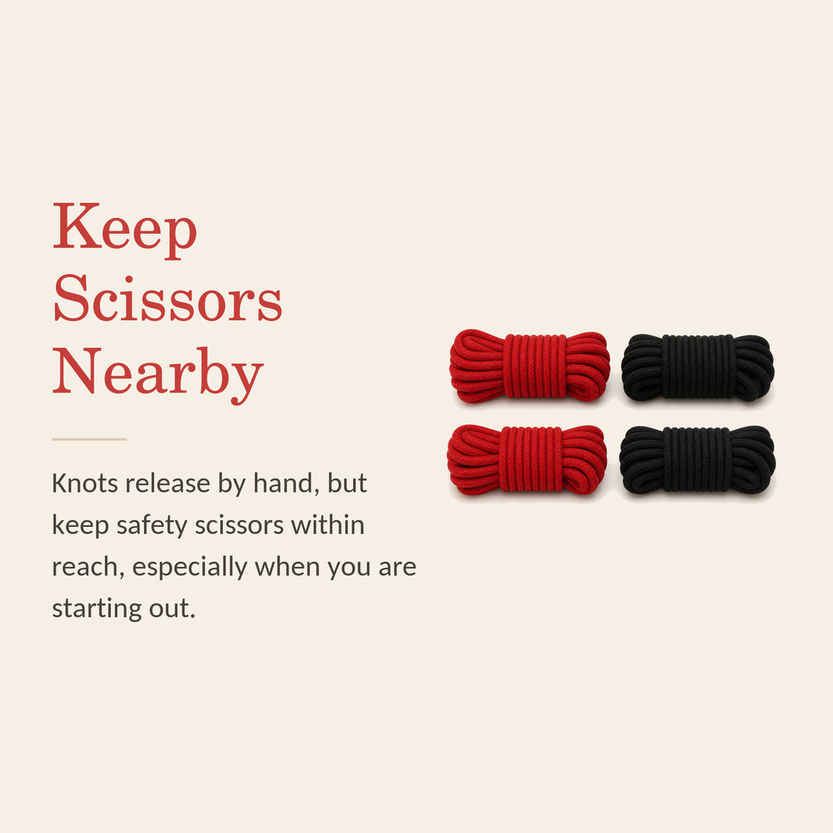 SilkBind feature banner: Keep Scissors Nearby — knots release by hand, but keep safety scissors within reach