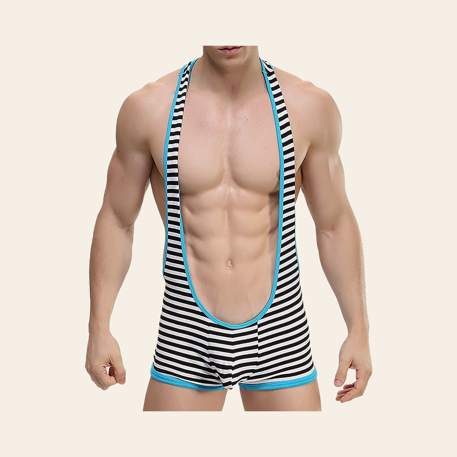 Model wearing the men's striped open-back bodysuit in black and white with turquoise trim, front view, on a soft beige background