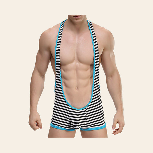Model wearing the men's striped open-back bodysuit in black and white with turquoise trim, front view, on a soft beige background