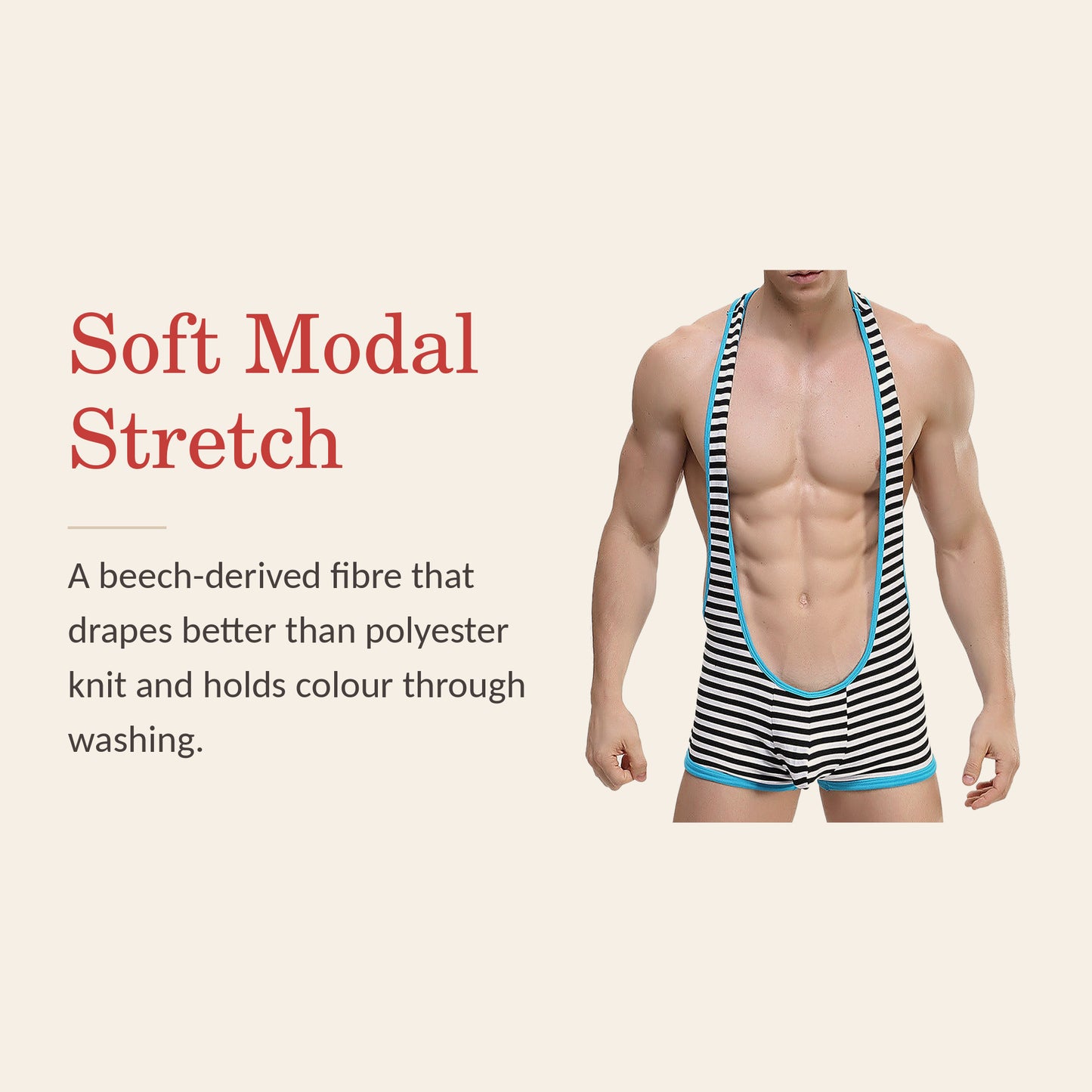 Men's striped bodysuit feature banner: soft modal stretch, a beech-derived fibre that drapes better than polyester knit