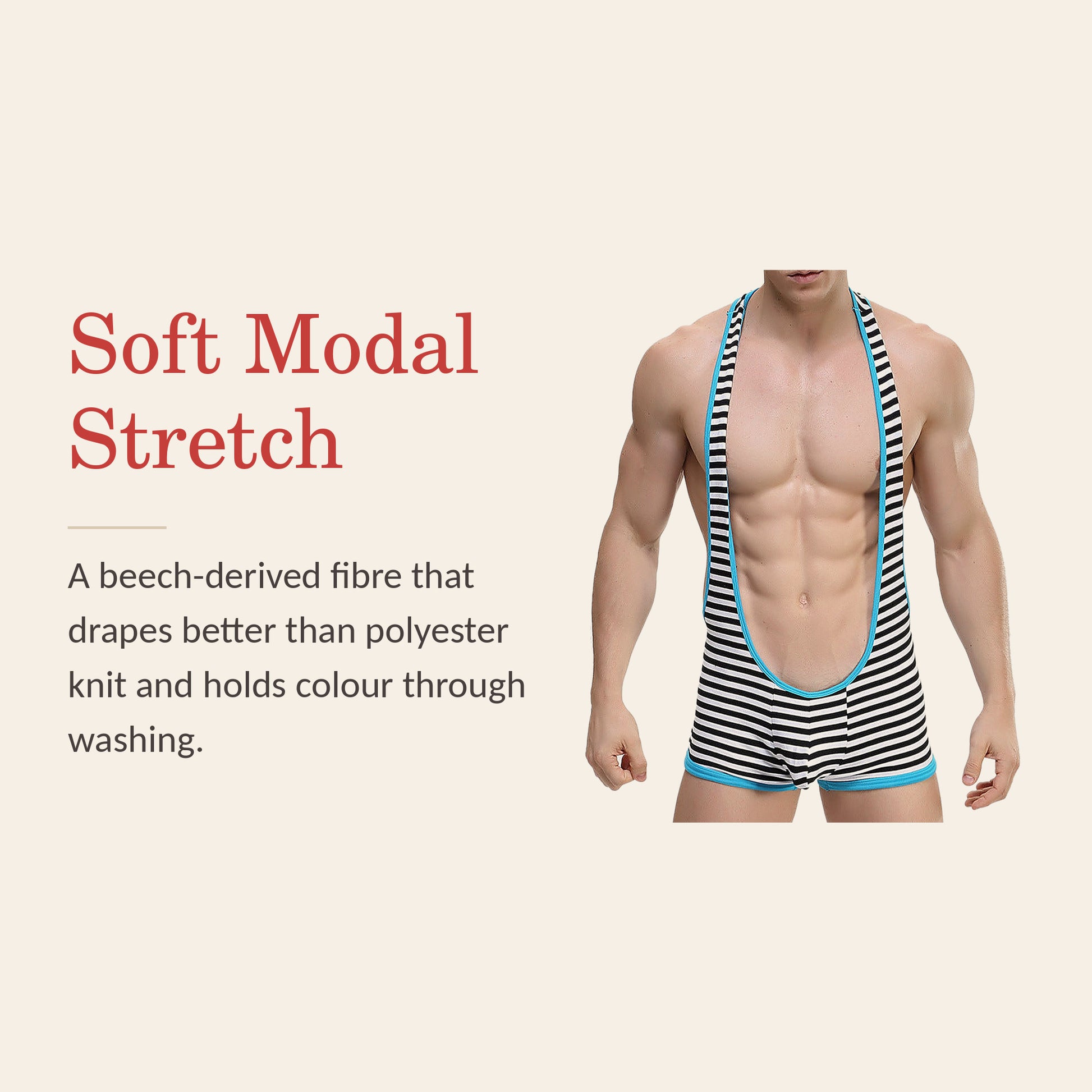 Men's striped bodysuit feature banner: soft modal stretch, a beech-derived fibre that drapes better than polyester knit