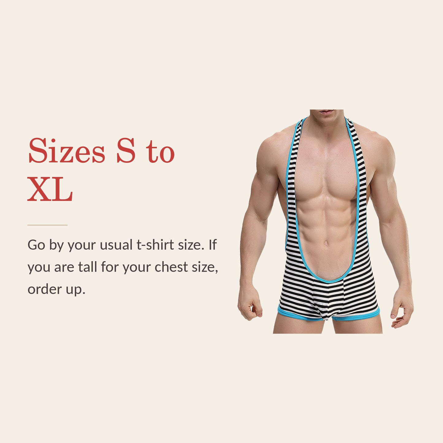 Men's striped bodysuit feature banner: sizes S to XL, go by your usual t-shirt size