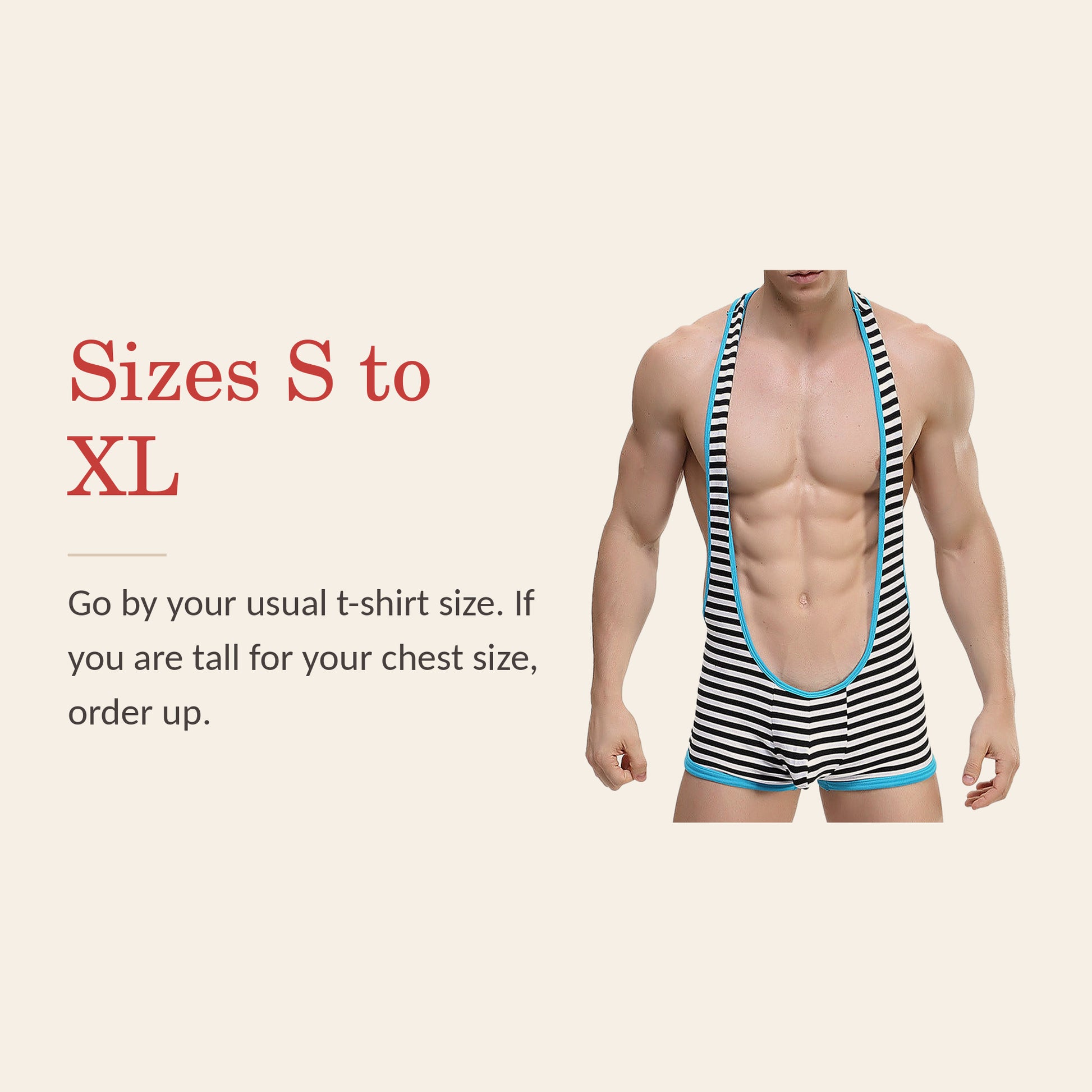 Men's striped bodysuit feature banner: sizes S to XL, go by your usual t-shirt size