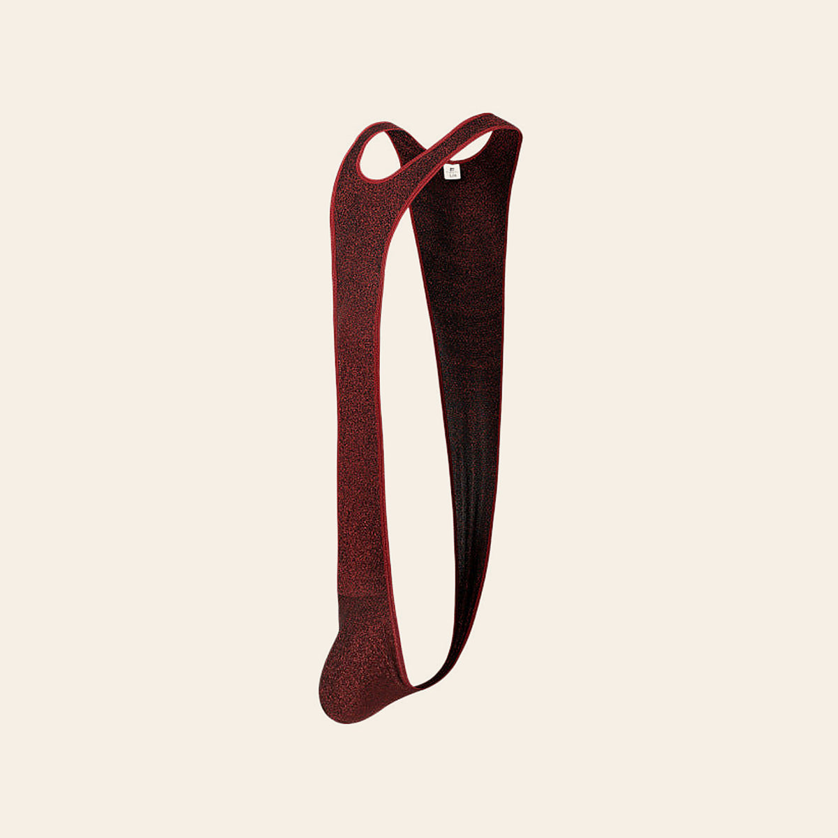 Men's ice silk suspender bodysuit in burgundy with shoulder straps and a contoured pouch, on a soft beige background