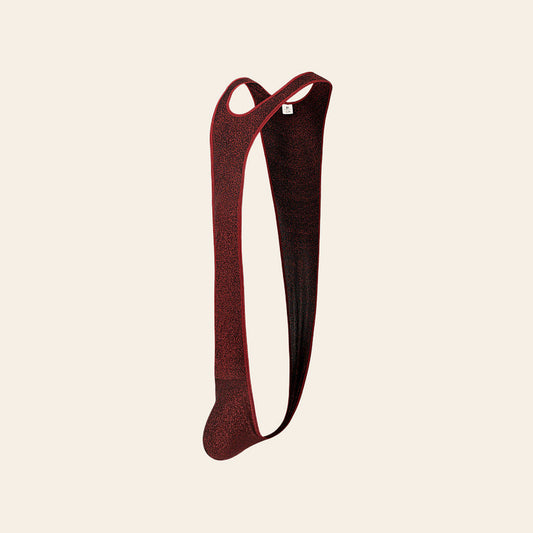 Men's ice silk suspender bodysuit in burgundy with shoulder straps and a contoured pouch, on a soft beige background