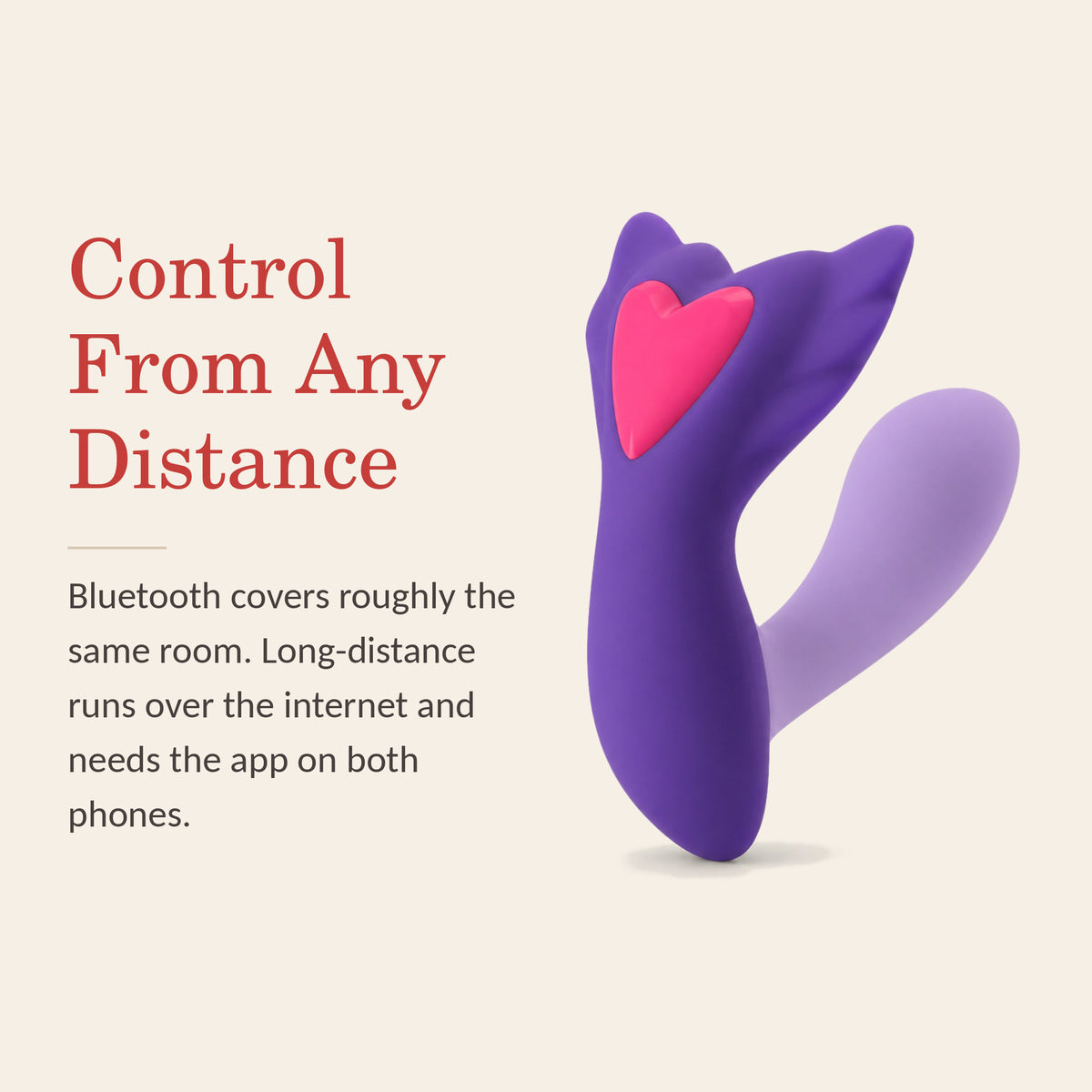 SweetPulse Sync feature banner: control from any distance — Bluetooth covers a room, the app covers any distance