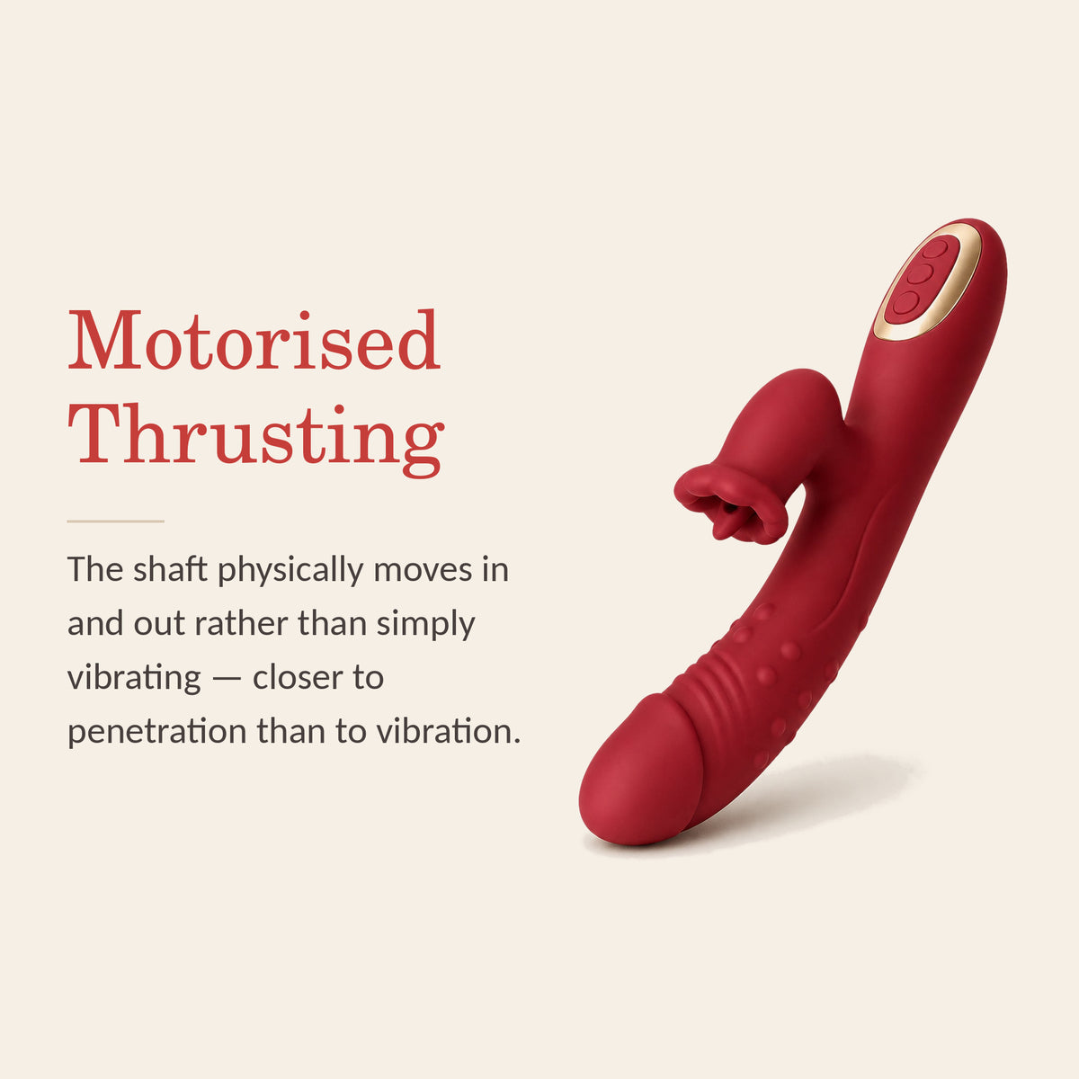 ThrustBliss Pro feature banner: motorised thrusting — the shaft physically moves in and out rather than simply vibrating