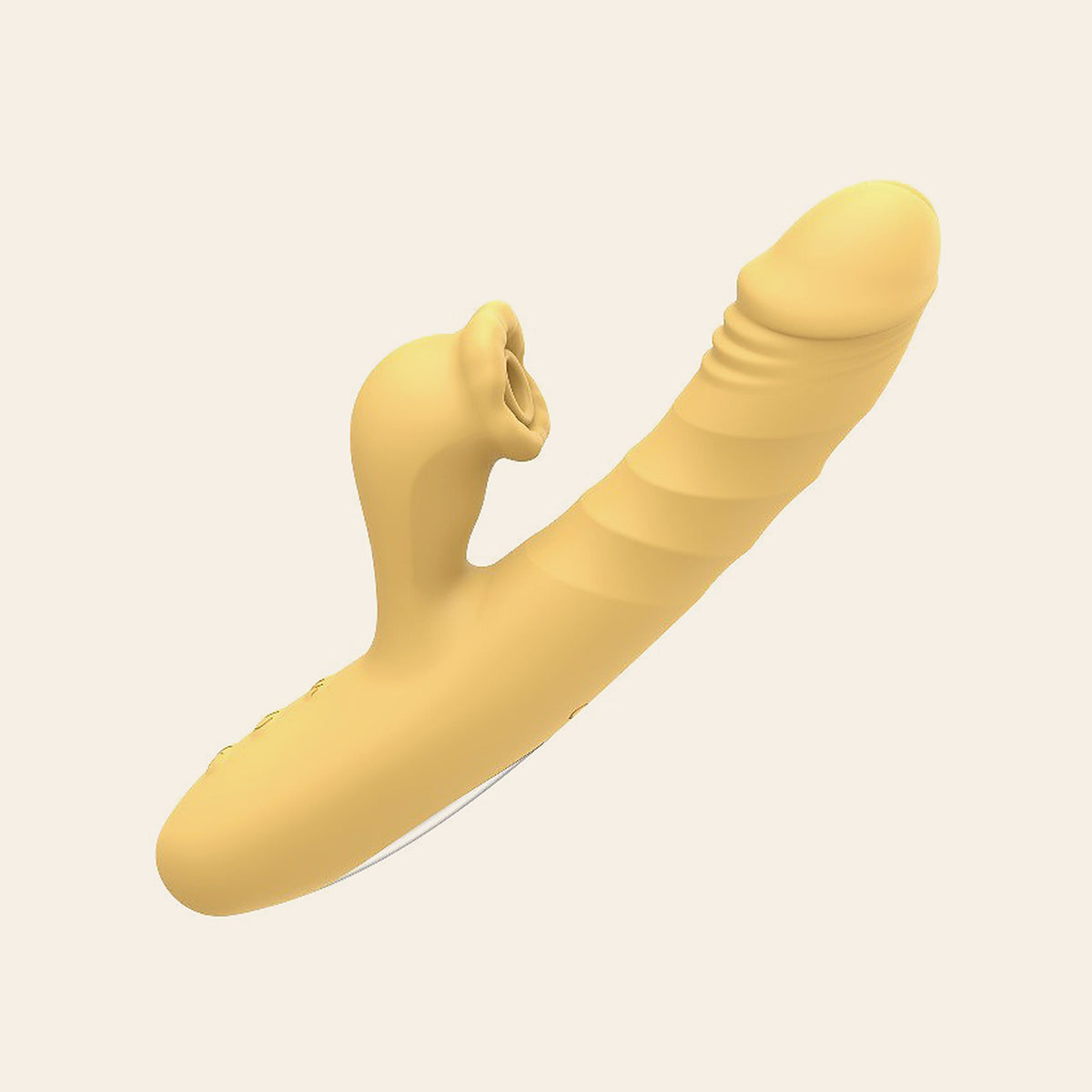 Yellow thrusting rabbit vibrator with a clitoral suction head on a soft beige background — Femme Bliss ThrustBliss Pro