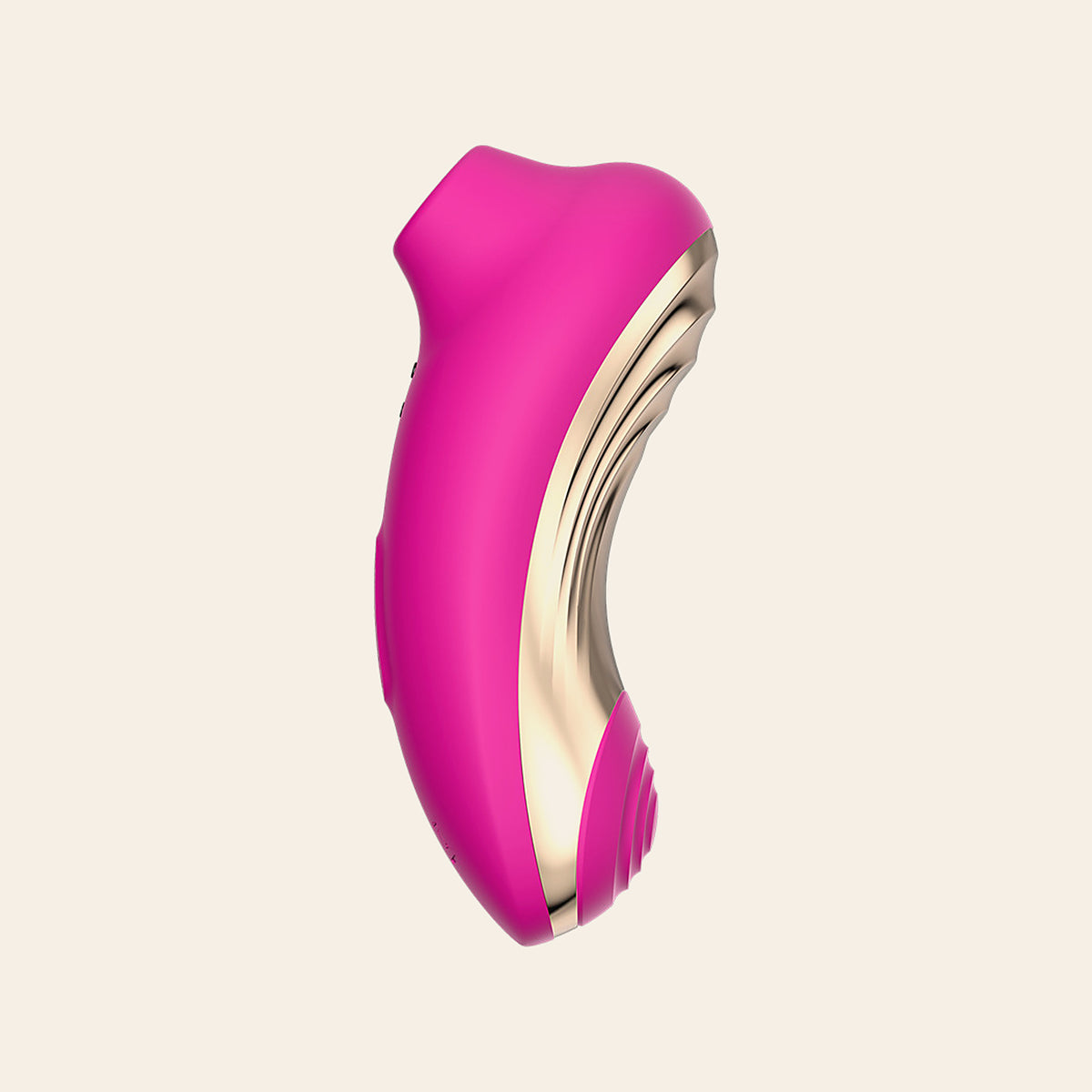 Rose red suction vibrator with rose-gold lower body on a soft beige background — Femme Bliss VelvetArc