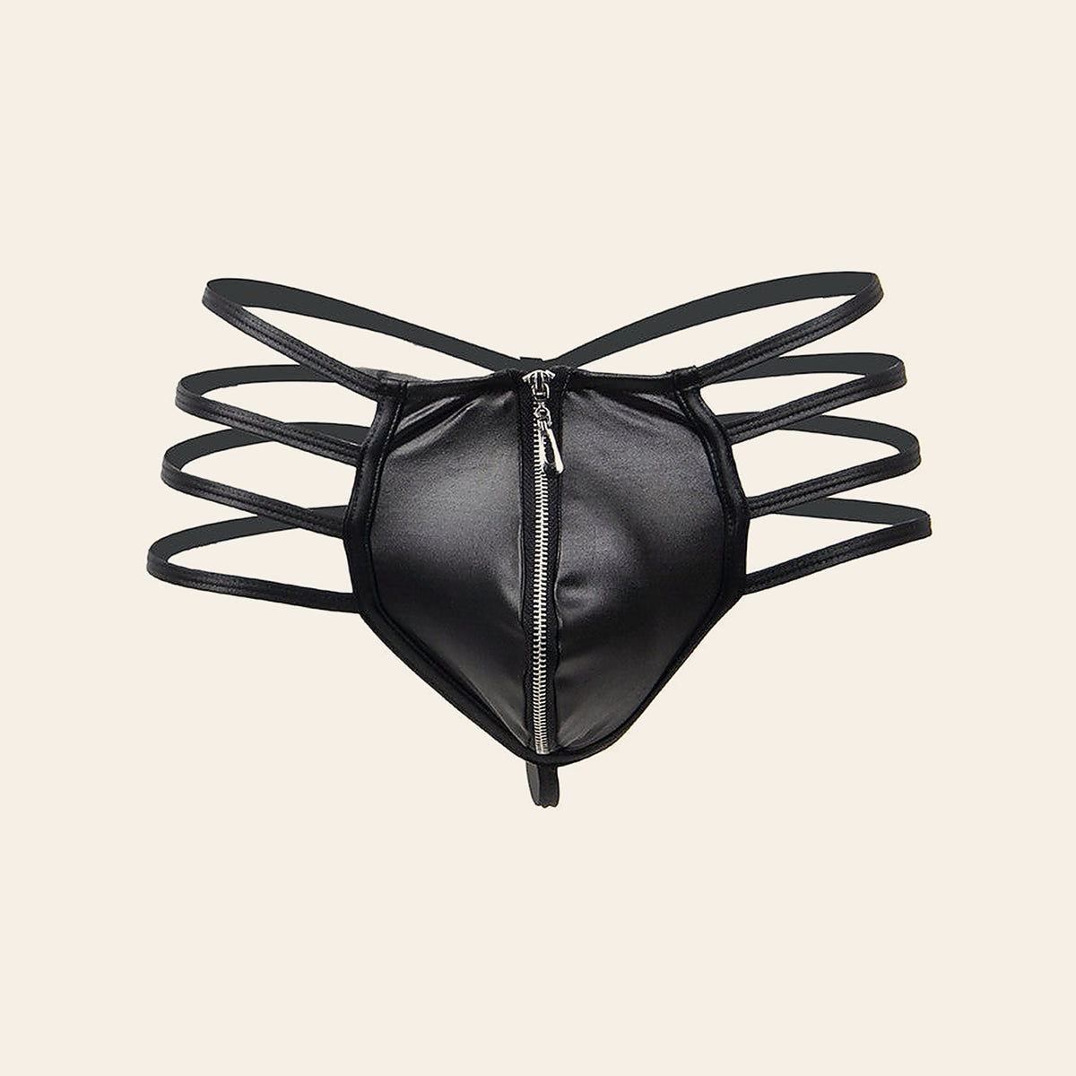 Men's zipper briefs in black with a front zipper and four-strap side detail, on a beige background