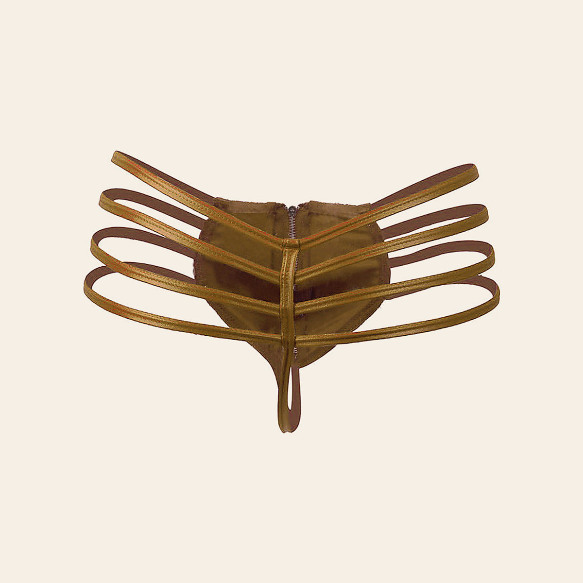 Men's zipper briefs in gold with a front zipper and four-strap side detail, on a beige background