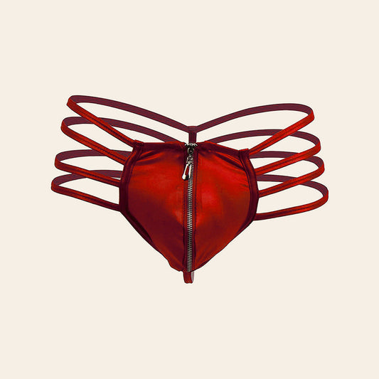 Men's zipper briefs in red with a front zipper and four-strap side detail, on a beige background
