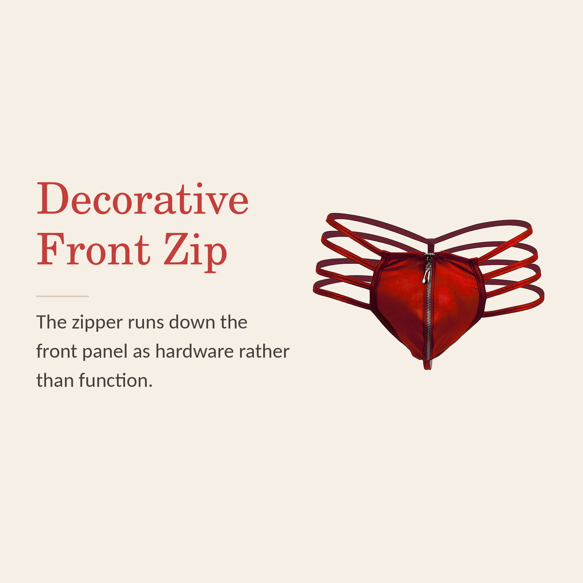 Men's zipper briefs feature banner: the decorative front zip runs down the front panel as hardware rather than function
