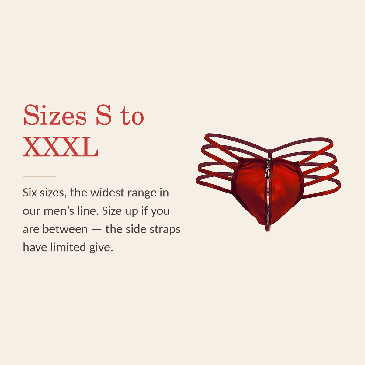 Men's zipper briefs feature banner: sizes S to XXXL, the widest range in the men's line