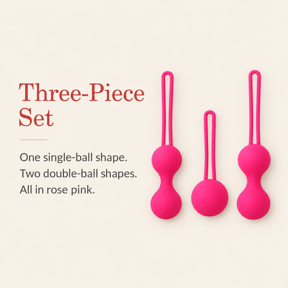 BloomCore three-piece set information: one single-ball shape and two double-ball shapes, all in rose pink.