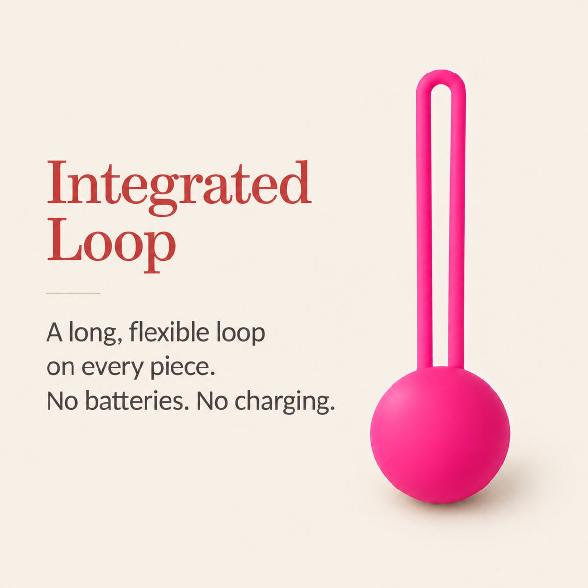 BloomCore integrated loop detail: a long flexible loop on every piece, with no batteries or charging.